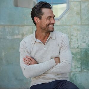 Collars & Co Polo Sweater Mens L Oatmeal Bellagio 3 Button LS Merino Wool NWT